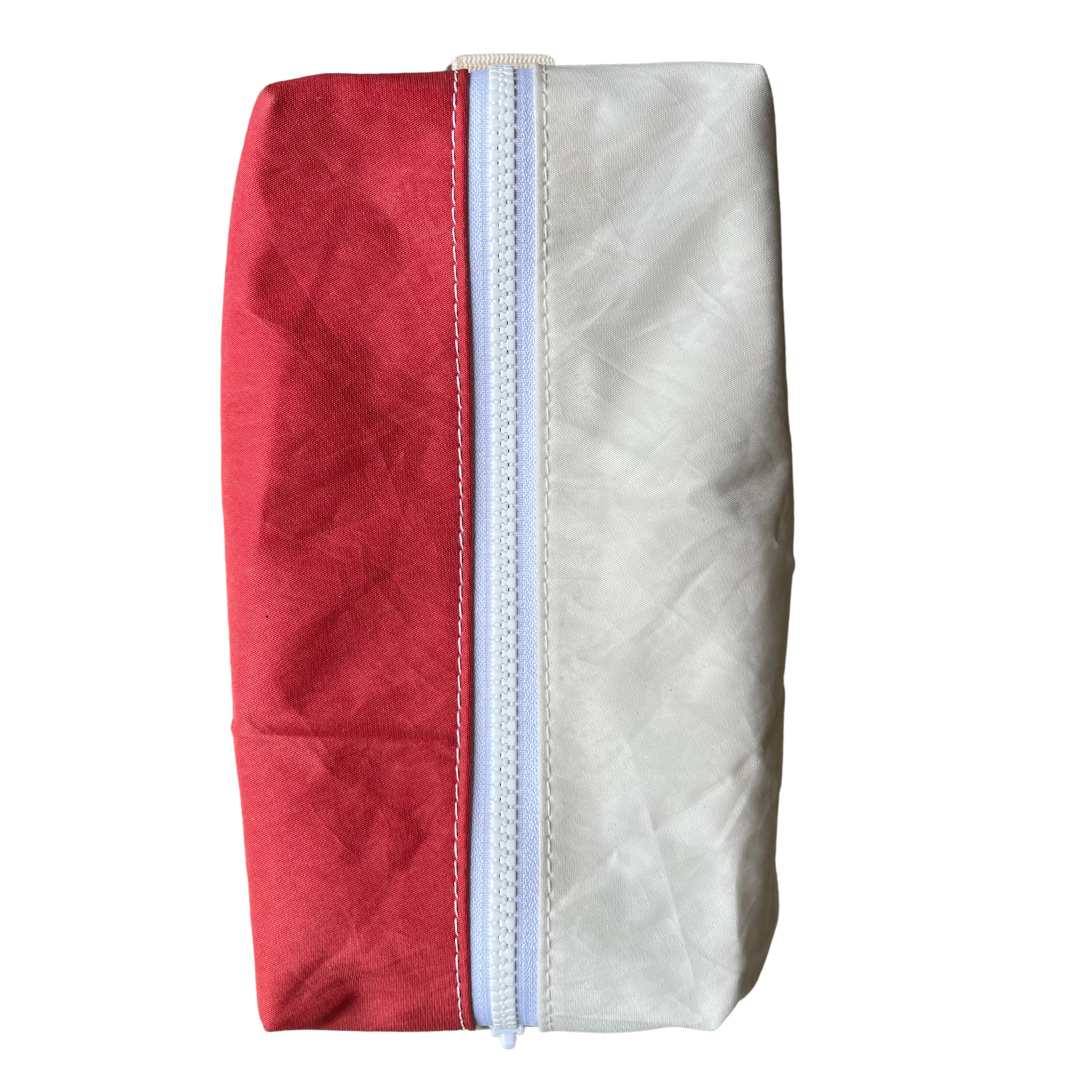 Repurposed sailcloth dopp kit travel bag. Sunfish sail with cute fish logo, red and white design. Unique boat bag eco-friendly upcycled small organizer from small midcoast Maine local business.